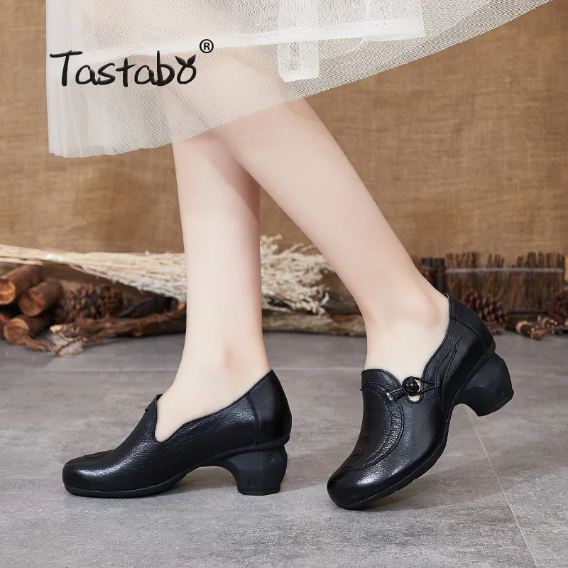 Tastabo женские ботинки ручной работы из натуральной кожи на высоком каблуке повседневная женская обувь в винтажном стиле черного и коричневого цвета Удобная подкладка; S90839