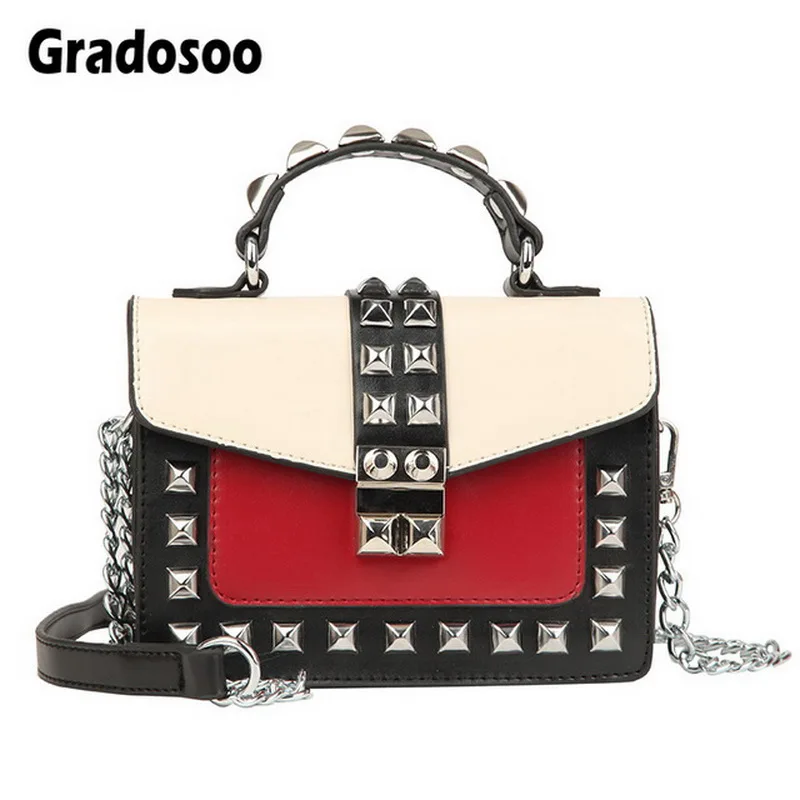 

Gradosoo Rivet Flap Bags Women Panelled Shoulder Bags For Women Leather Mini Bags Female Chain Design Small Bags Fashion LBF644