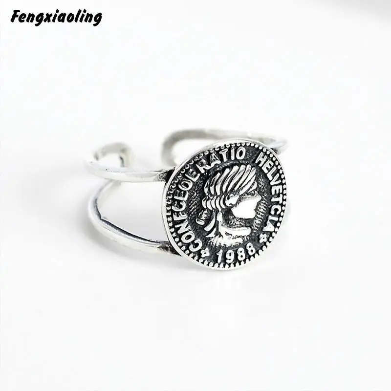 Fengxiaoling 100% Genuine 925 Sterling Silver Retro Style Portrait Coin Rings For Women Fine Jewelry Cute Accessories | Украшения и