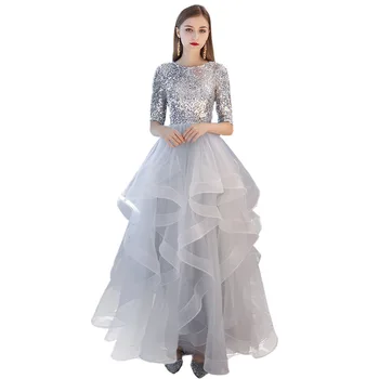 

Dress Women 2020 Real Sequins Half Sleeve Tiered Hems Evening Gowns Gray Party Dresses Yb066 Robe De Soiree Large size XS-3XL