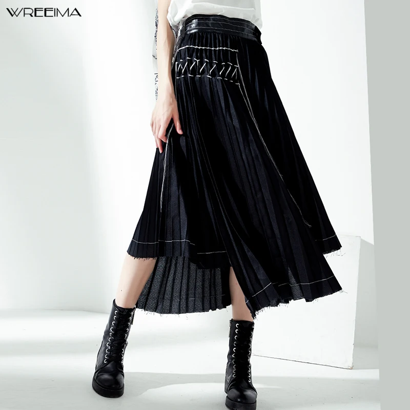 

wreeima 2019 New Spring autumn High Waist black Pleated Asymmetry Loose Big Hem Half-body Skirt Women Fashion Tide All-match