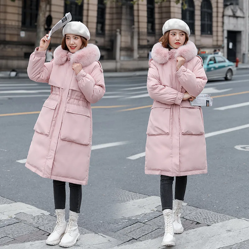 

2021 New Winter Korean Fashion Thickened Long White Duck Down Collar Women's Big Fox Fur Collar Hoodies Warm Coats