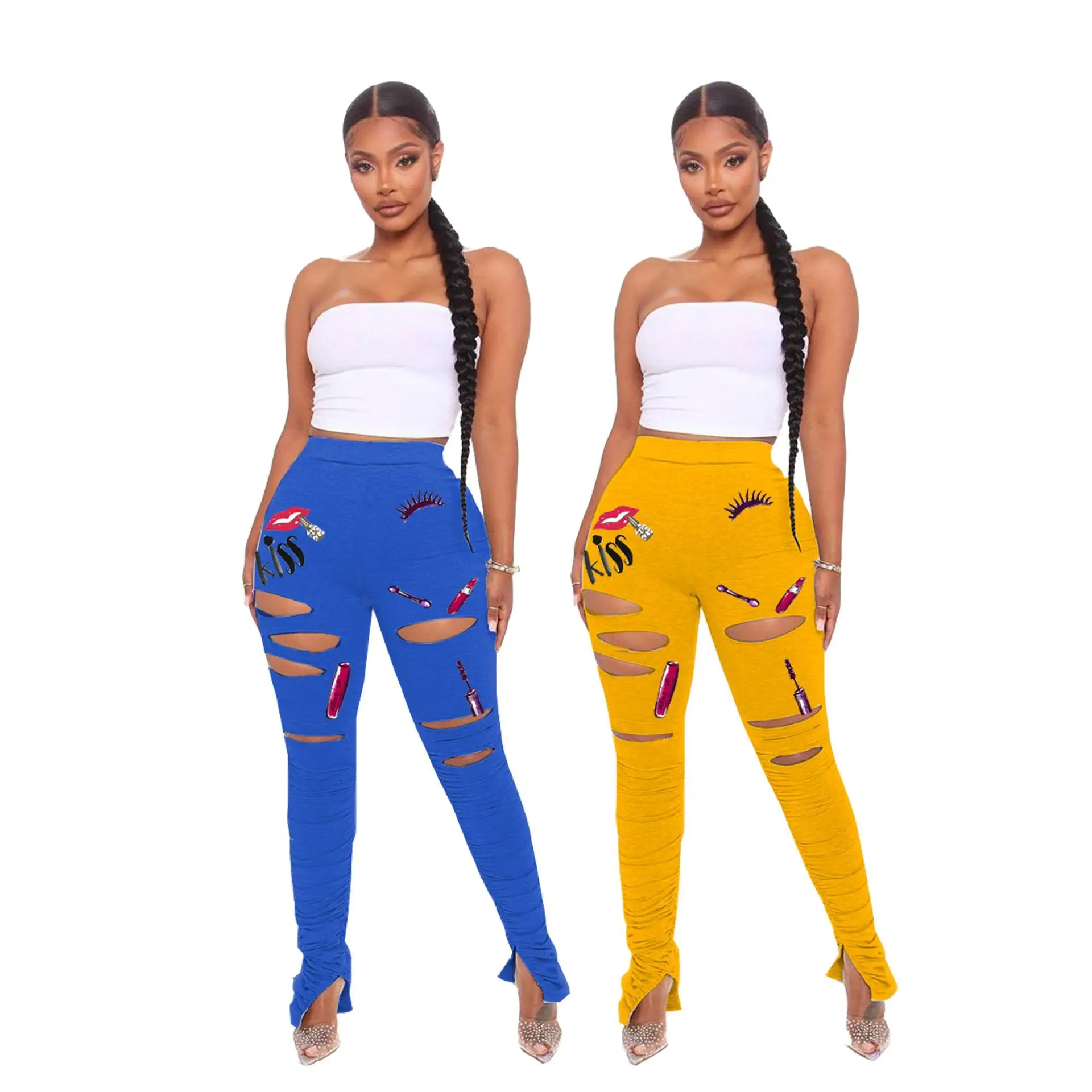 

Printed Womens Stacked Sweatpants Elastic Waist Holes Long Flare Pant for Women Casual Mid Waist Femme Trousers