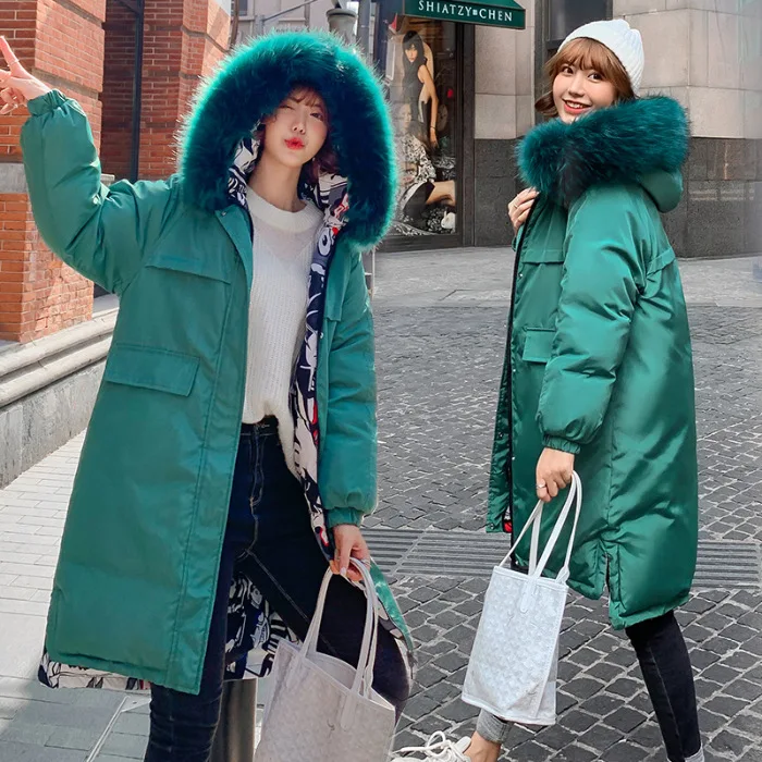 

2019 Winter down Jacket Cotton-padded Clothes Women's Korean-style Mid-length Reversible Women's Loose-Fit Large Fur Collar Thic