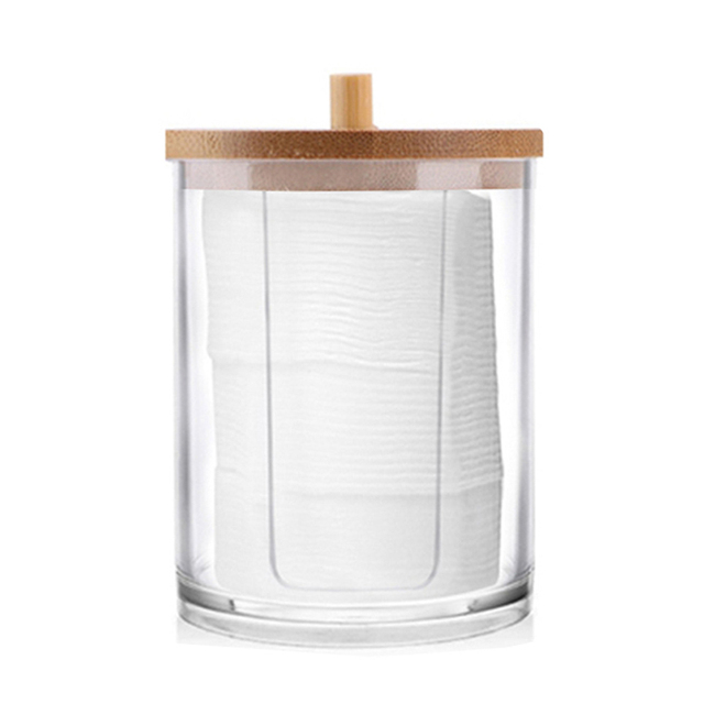Swab Storage Bamboo Cover Acrylic Round Container Cotton Puff Storage Box Makeup Remover Box Makeup Storage Organizer