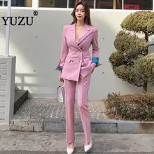 Women Suits Pink Green Office Pant Suits For Women Double Breasted Turn-down Collar Blazer Ol Style Woman Two Piece Suit