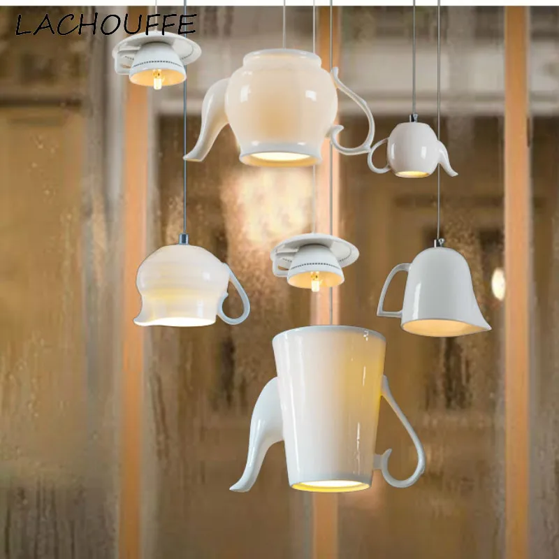 

Nordic Ceramic Cup Teapot Pendant Lamp Modern Creative Led Hanging Light Fixtures for Kitchen Bar Coffee Home Decor Luminaire