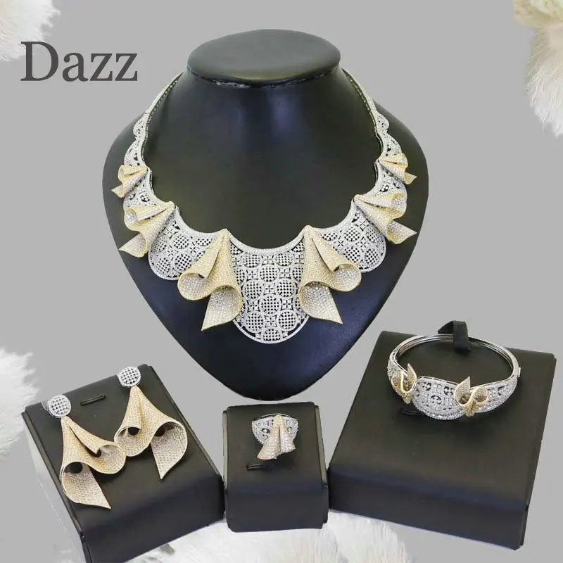 Dazz Роскошный цветок нигерийский Свадебный кубический циркон ювелирный набор покрытый золотом для женщин Свадебная вечеринка африканская невеста аксессуары из Дубая - Окраска металла: 4PC