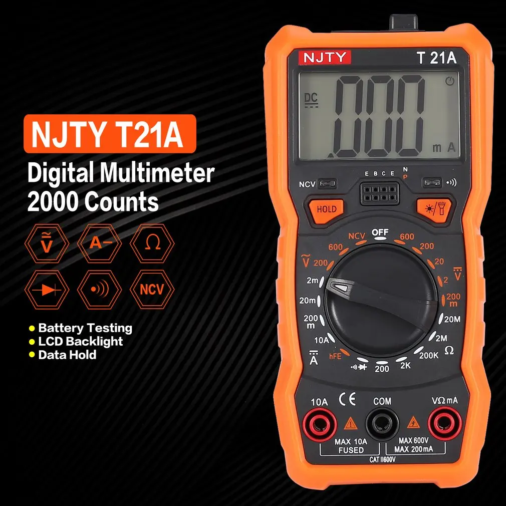 Цифровой мультиметр NJTY T21A DC/AC Измеритель Напряжения тока ручной Амперметр Ом диод NCV тестер 2000 отсчетов мультитестер