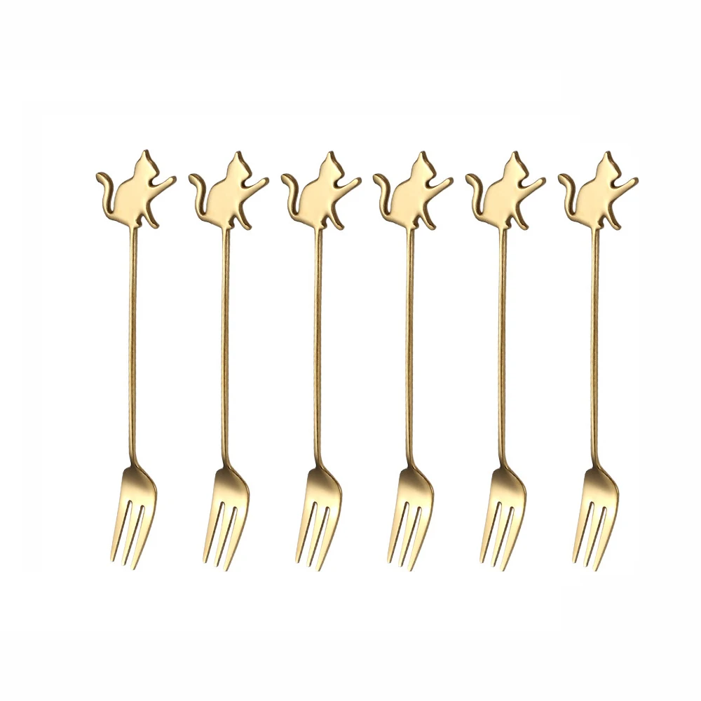 

6 Pcs/ Set Fruit Forks 304 Stainless Steel Cat Fish Cartoon Cat Stirring Forks Dessert Fork Set Wedding Gift Tiny Fruit Picks