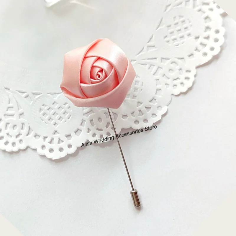 Red Boutonnieres Wedding Accessories Groom Corsage Lapel Pins Ribbon Roses Flower Men Women Buttonhole Brooch Mariage Prom Decor