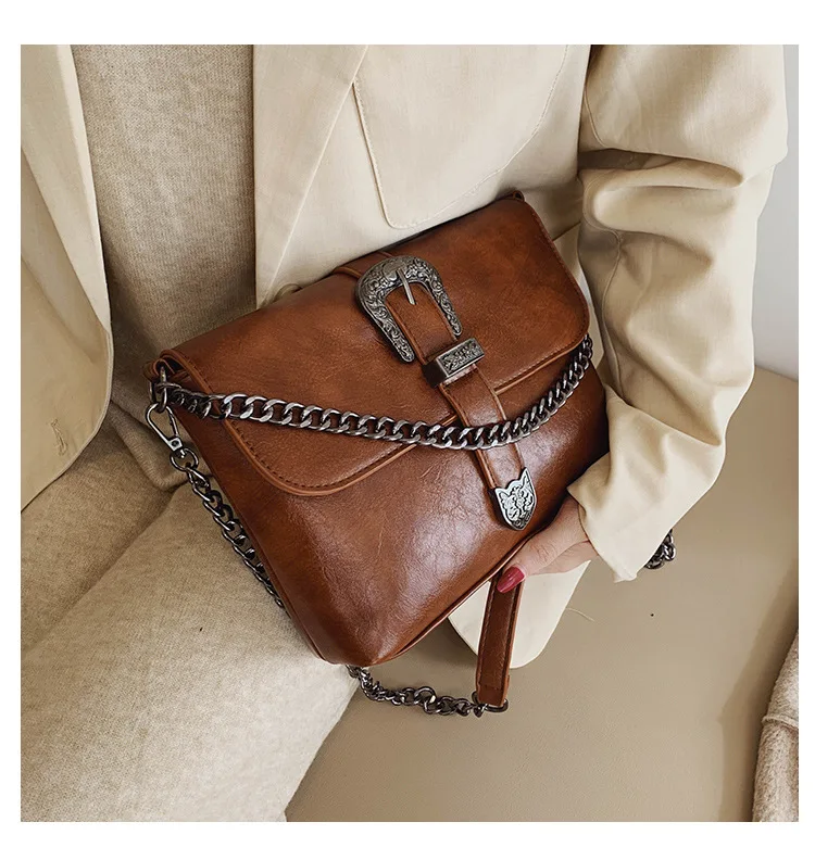 Vintage Messenger Bags Women Leather Chain Cross Body Brand Bag for Female Shoulder Messenger Bags with Strap Buckle Brown Black (3)