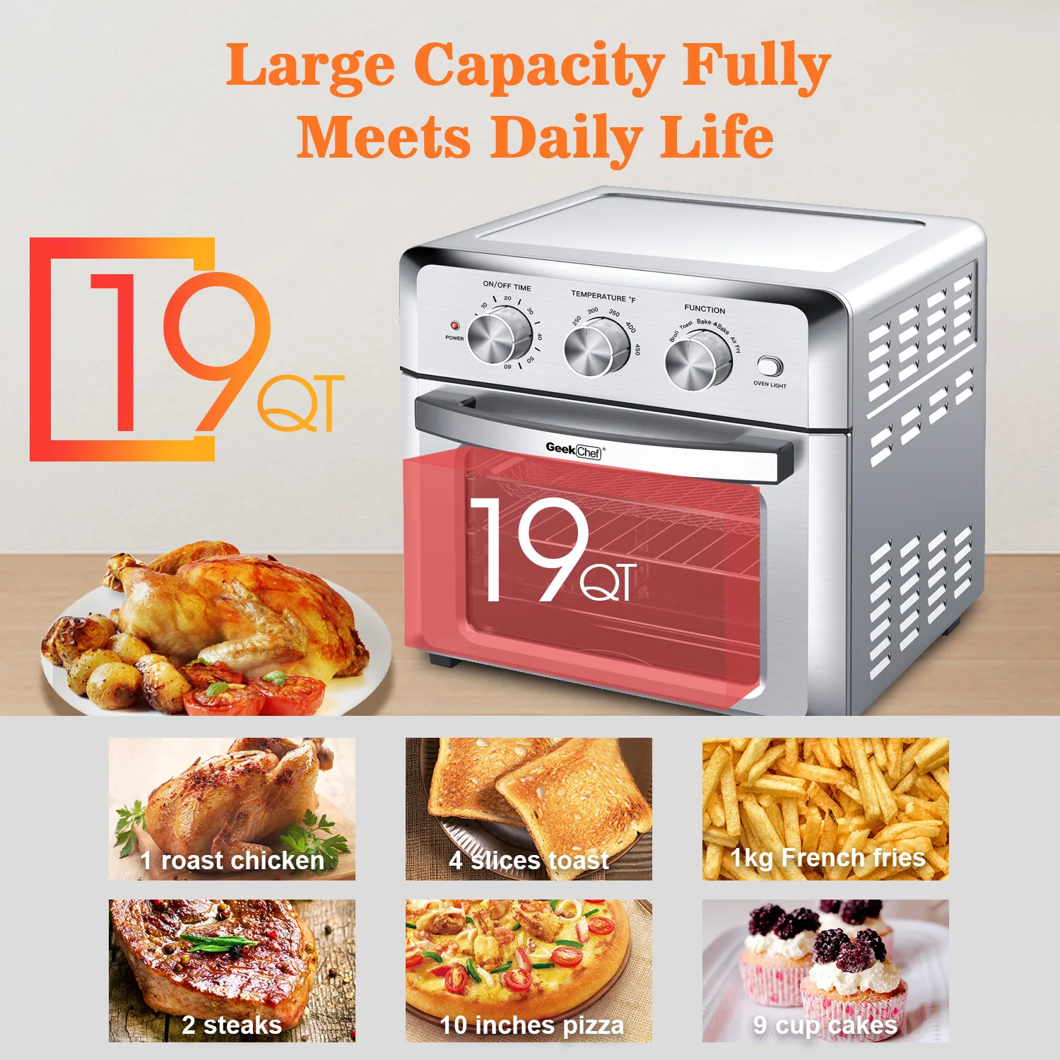 Air Fryer Oven, 19QT Convection Airfryer Countertop Oven, Fry Oil-Free, Cooking 4 Accessories Included, Stainless Steel,1500W