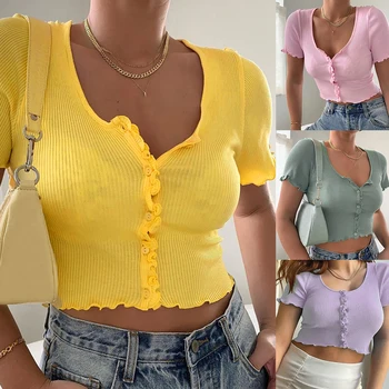 

2020 New Summer Women Sexy Tank Tops Women Button Knitted V-Neck Ribbed Short-Sleeve Button Short Top Korean Style Crop Tops