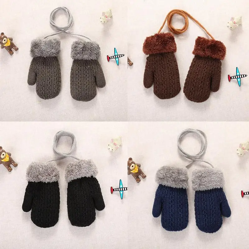 Baby Gloves 0-4 Years Old Cartoon Winter Warm Stretch Knit Mittens Imitation Wool Children's Hanging Neck Gloves Xtmas Gifts