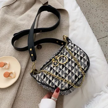 

2019 Popular Small Bags Women Fashion Chain Tweed Handbags Shoulder Bags Geometric Pattern Crossbody Bags