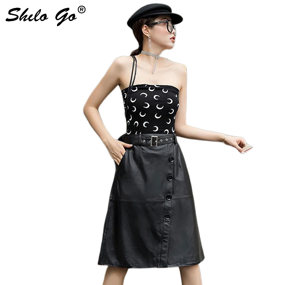 Echt Lederen Rok Highstreet Gesp Gordel Enkele Breasted EEN Lijn Rok Vrouwen Herfst Werkkleding Zwarte knie Lengte Rokken Echt Lederen Rok Highstreet Gesp Gordel Enkele Breasted EEN Lijn Rok Vrouwen Herfst Werkkleding Zwarte knie Lengte Rokken