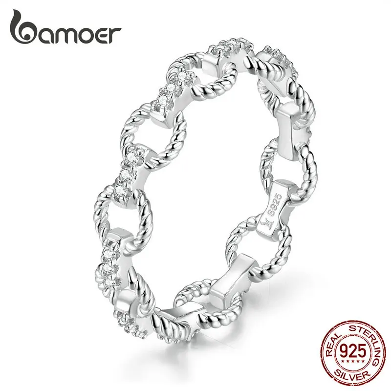 

bamoer Geometric Simple Chain Pettern Finger Rings for Women Openwork Stackable Rings 925 Sterling Silver Fashion Jewelry SCR576