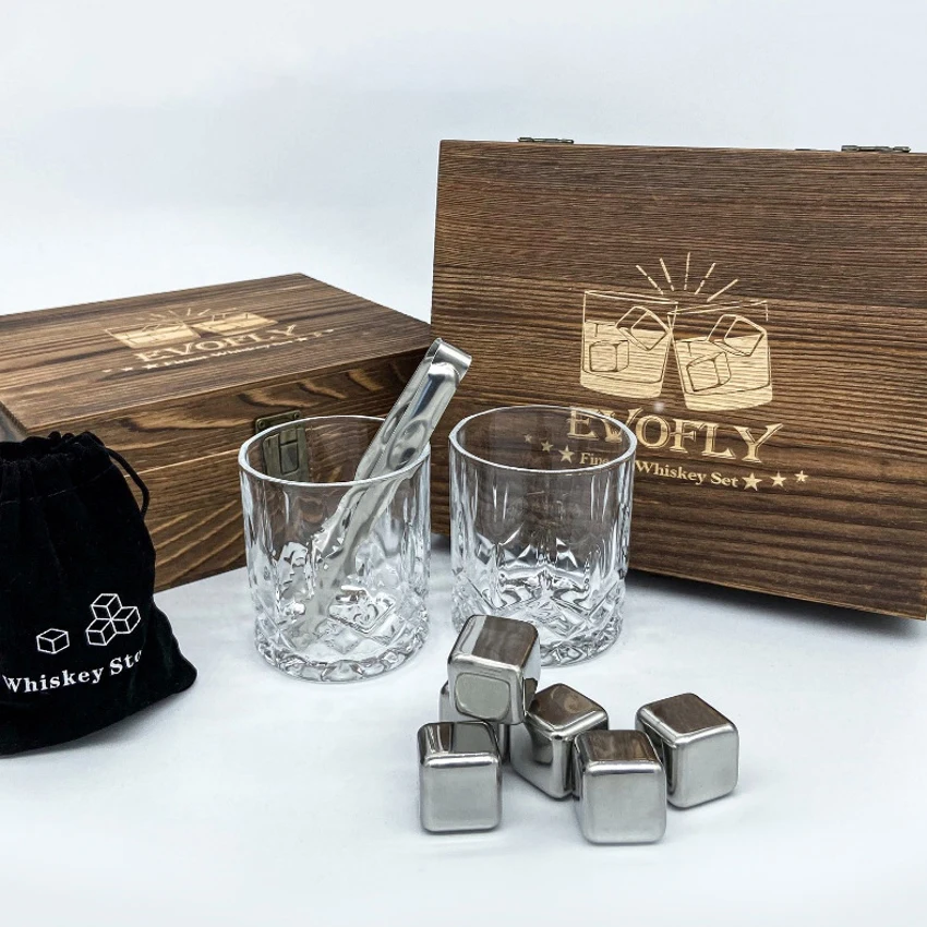 Whiskey Glass Set Stones Rocks Gift with 8 Stainless Steel Ice Cubes 9 oz