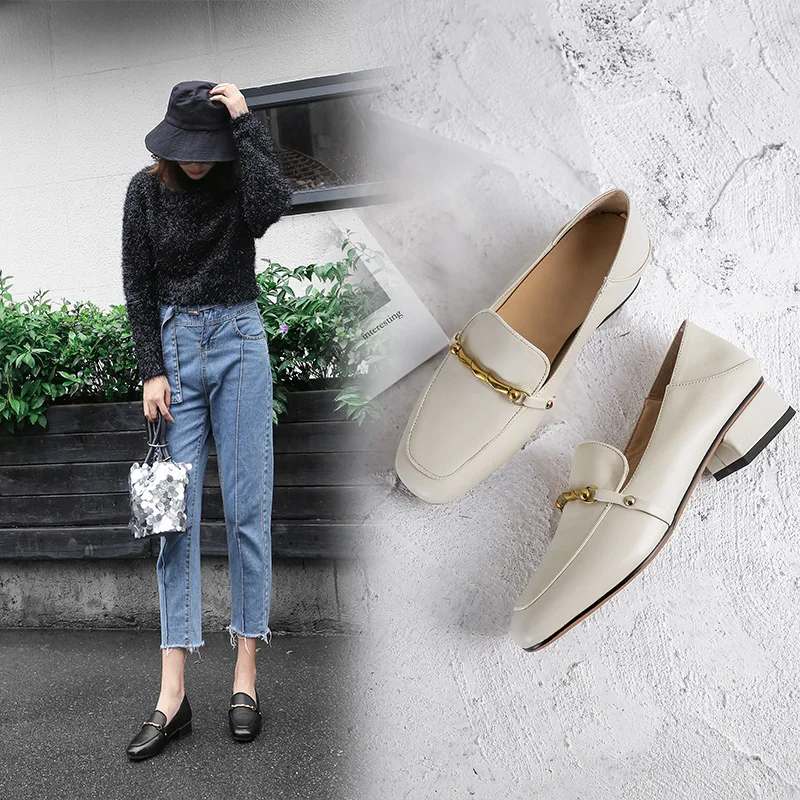 

Inside And Pure Leather Korean-style Double Purpose Stepping Shoes 2019 Spring New Style Metal Chain Single Shoes Women's Genuin