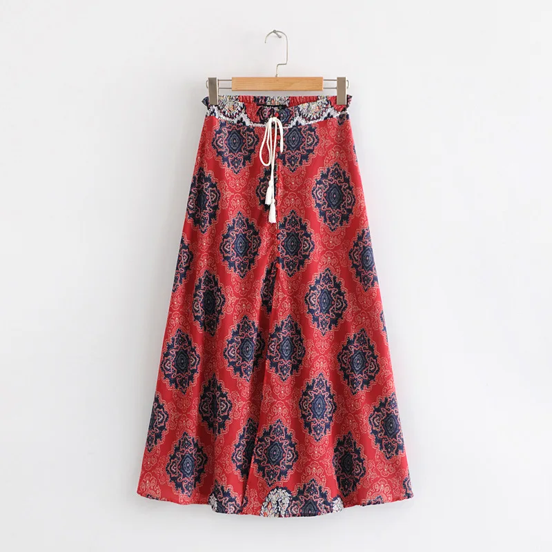 

Csy-1930 WOMEN'S Dress Europe And America Vintage Printed Mixed Colors High-waisted Lace-up A- line Mid-length Skirt