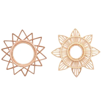

Flower Rattan Frame Mirror Decor Photo Wall Frames Wood & Rattan Round Wall-Mounted Mirror Frame Nordic