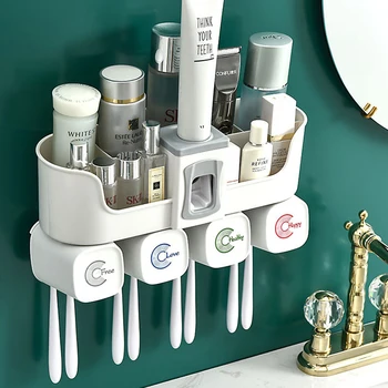 

Fowecelt 2020 Bathroom Organizer Shelf Cosmetic Storage Basket Toothbrush Holder Set Automatic Toothpaste Dispenser Storage Rack