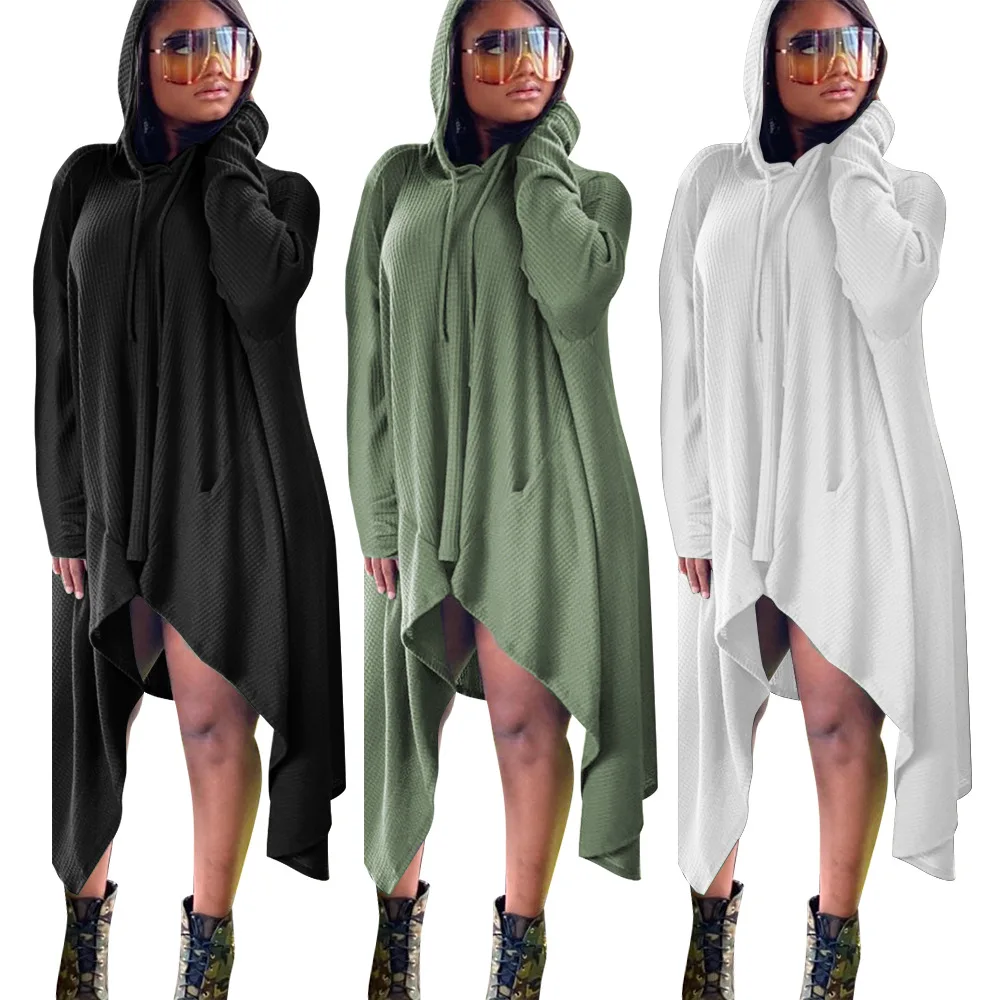 Fashion Women White Loose Dress Fall Casual Streetwear Clothing Long Sleeve Hooded Lrregular Black Dress New 2021 Wholesale