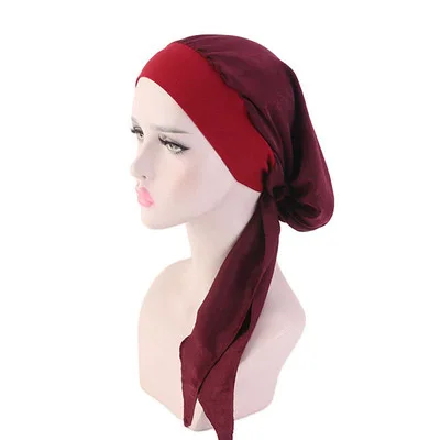 Muslim Women Print Cotton Turban Hat Headscarves Pre-Tied Cancer Chemo Headwear Bandanas Headwrap Caps Wine Red