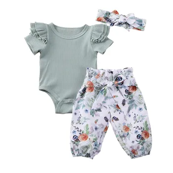 

2020 Summer Kids Baby Girl Clothes Summer Kids Pants Floral Pants + Headrope Sets Solid Color Outfits