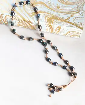 

Handmade Blue Pearls Necklace Real Leather Necklace Pearl Leather Jewelry Natural Blue Stone Pendant Necklace Girl Birthday Gif