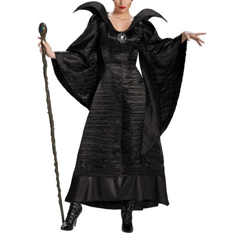 Women Plus Size Halloween Movie Deluxe Black Long Gown Evil Queen Witch Dress Cosplay Party Costume with Horn Hat Headpiece