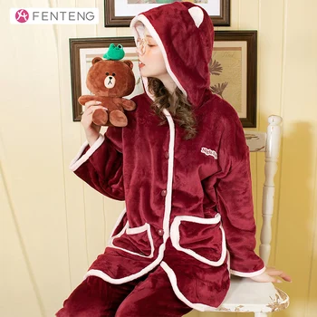 

FENTENG Women Casual Suit Comfortable Red Long Sleeves Hoodies Cardigan Velvet Warm Female Homewear I98042000
