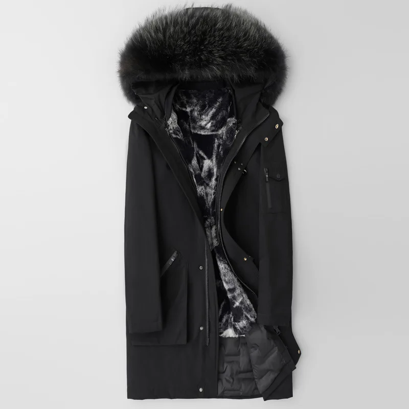 Winter Long Jacket Hoodies Men's Long Natural Fur Coat Real Rabbit Fur Liner Detachable Windproof Waterproof Snow Wear - Цвет: Черный