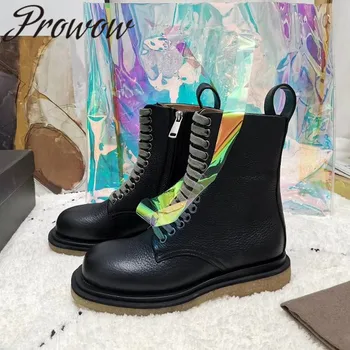 

Prowow New Black Genuine Leather Gladiator Lace Up Ankle Boots Round Toe Low Heel Luxury Casual Autumn Winter Boots