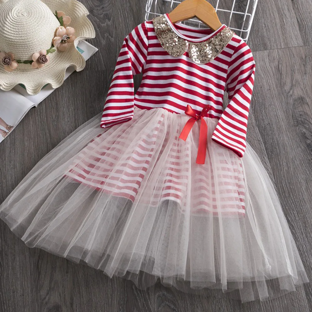 

AmzBarley Girls tutu Dress Striped Lace Dress Sequined collar Birthday Party Outfits Toddler girls Long sleeves Autumn clothes