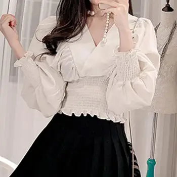 

V Neck White Tunic Women Blouse Shirts Female Elegant 2019 Lantern Long Sleeve Tops Lantern Sleeve Ladies Office Blouses Casual