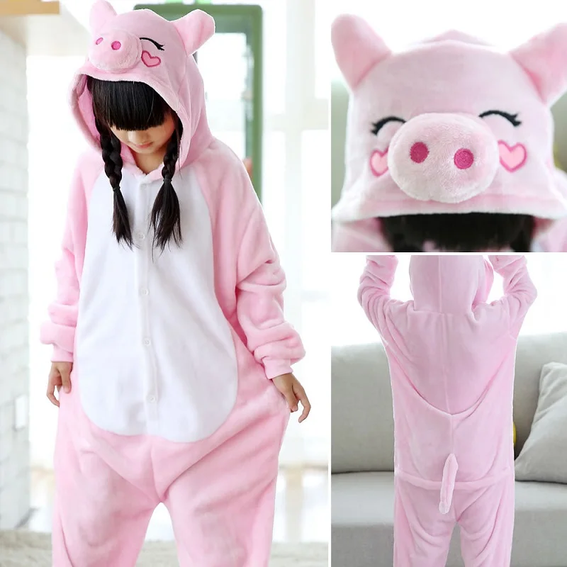 Новая детская одежда для сна с кисточками для мальчиков и девочек зимние пижамы, комбинезон, размер от 4 до 12 лет, новая Пижама с животными, Фланелевая пижама с единорогом - Цвет: Pink pig