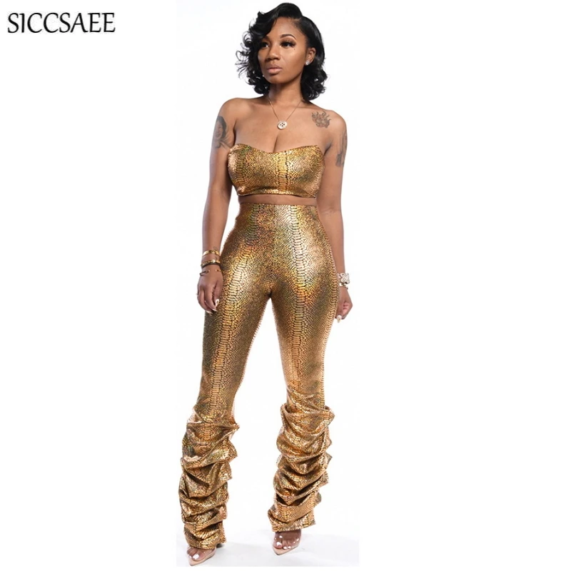 

Serpentine Strapless Bandage Outfits Backless Tube Bodycon Bodysuit Snake Skin Printed Crop Top Wrinkle Long Pants Two Piece Set