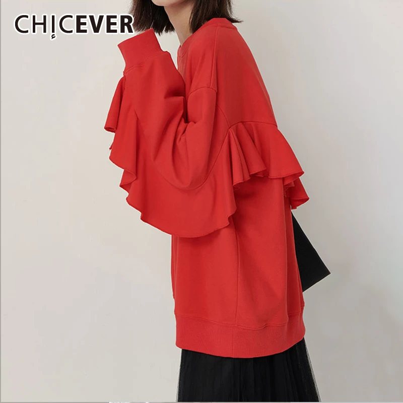 

CHICEVER Patchwork Ruffles Women's Sweatshirt O Neck Long Sleeve Pullover Oversize Sweatshirts Female Autumn 2019 Fashion New
