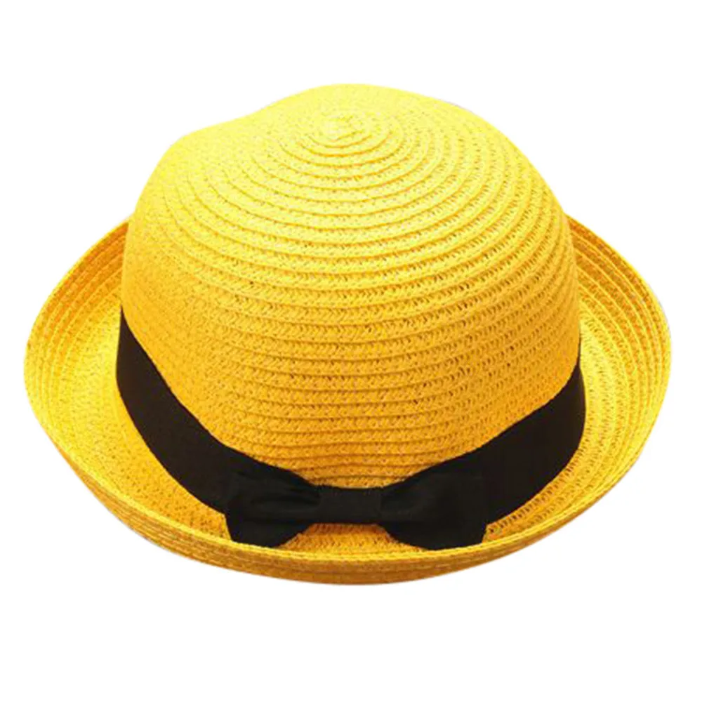 Горячая Распродажа, летняя детская шапочка, детские дышащие соломенные шляпы, Детские Солнцезащитные шляпы с кошачьими ушками, милые однотонные шапки для мальчиков и девочек - Цвет: Цвет: желтый