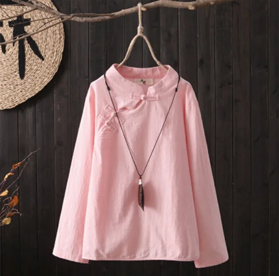 

Traditional T-shirt Casual Full Sleeve Chinese Blouse Women Tops Trousers Cotton Linen Ancient Tang Suit Hanfu Clothing