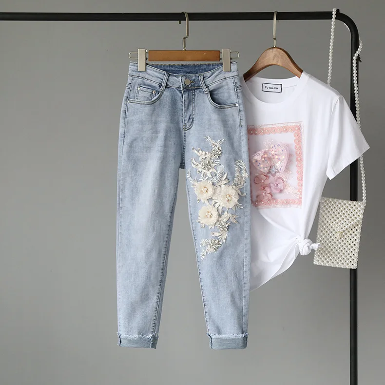 Light blue Узкие универсальные джинсы для женщин, женские джинсы с объемными цветами, женские джинсы с бусинами и бриллиантами, женские джинсы с эффектом потертости - Цвет: Light blue