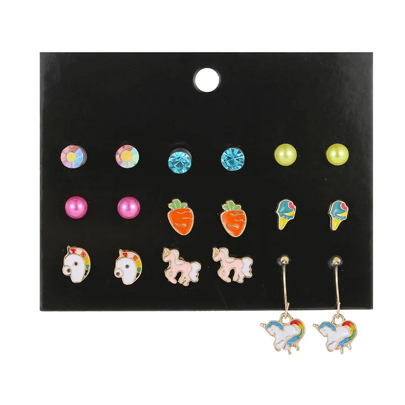 9 Pairs Mix Color Design Small Crystal Rainbow Unicorn Earring Set Simple Round Stud Earrings for Women Girls Tiny Ear Studs | Украшения и