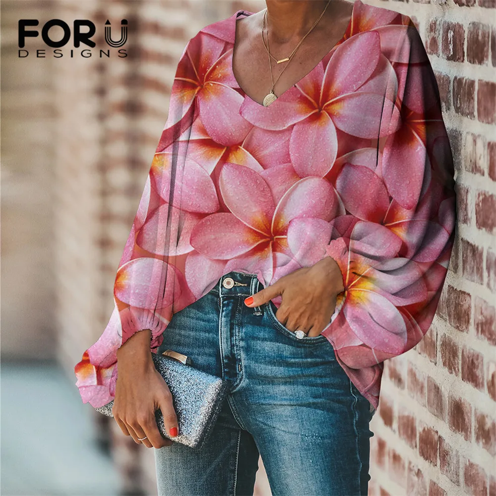 

FORUDESIGNS Women Chiffon Clothing Fashion 3D Frangipan Pattern Ladies Long Sleeve Casual Tops Sexy V-neck Blouse For Female New