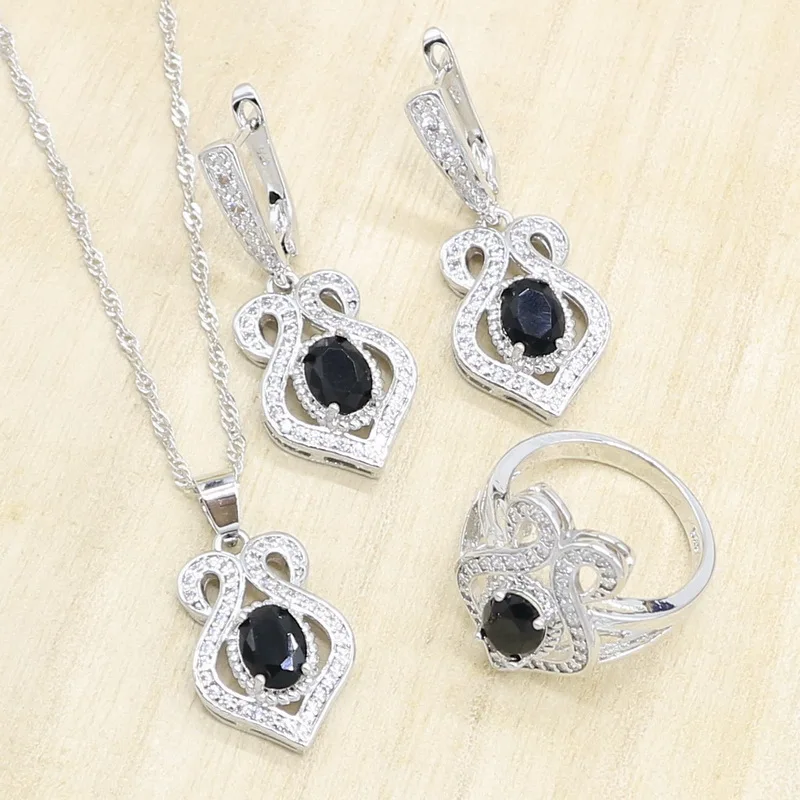 925 серебряные женские свадебные ювелирные наборы черные полудрагоценные браслеты, подвесные колье серьги кольца Подарочная коробка