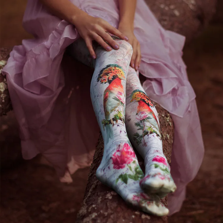 

2019 New Flower and Bird Personality Retro 80D Velvet Print women tights wholesale and drop shipping