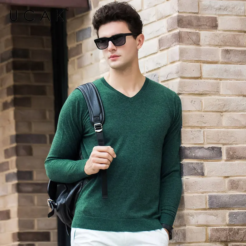 UCAK Brand Merino Wool Sweater Men Autumn Winter Cashmere Pullover Men Casual V-Neck Mens Sweaters Pure Color Pull Homme U3054
