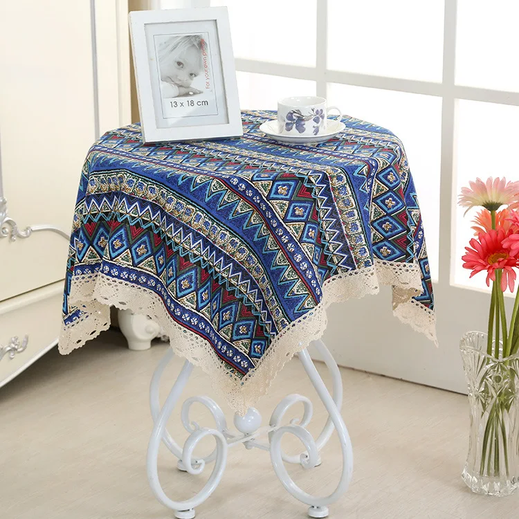

Ethnic Tablecloth Cotton Linen Dust-proof Bohemia Table Cover Multi Functional Retro Round Table Cloth with Lace Edge Tapete