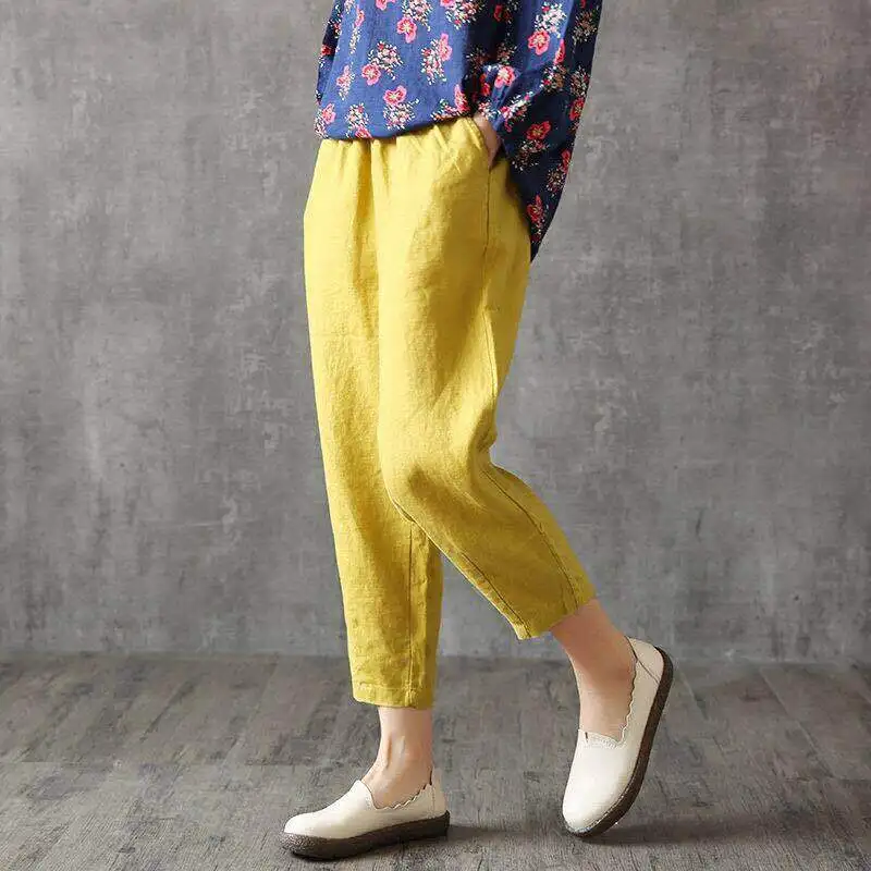 Chinese Style Cotton Pants Summer Ankle-length Women's Loose Casual Femal Trousers Harem Elastic Waist Solid | Женская одежда